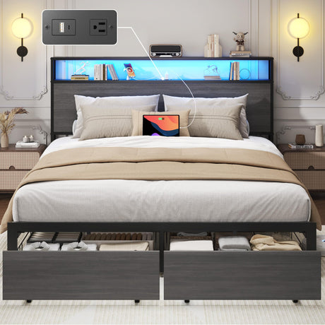 Lifezone Queen Bed Frame with 2-Tier Storage Headboard, Metal Bed Frame with Storage Drawers & Built-in Charging Station & LED, Noise-Free, No Box Spring Needed, Easy Assembly, Rustic Grey Lifezone