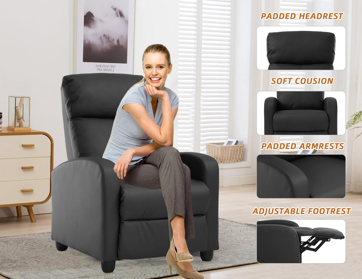 Leather Recliner Chair,Movie Theater Chairs,Single Sofa Chair Pu Leather With Footrest,Wall Hugger Recliners Chairs For Adults,Lounge Chair Indoor Recliner Chair Armchair For Living Room,Bedroom-BLACK Ckofgdsue