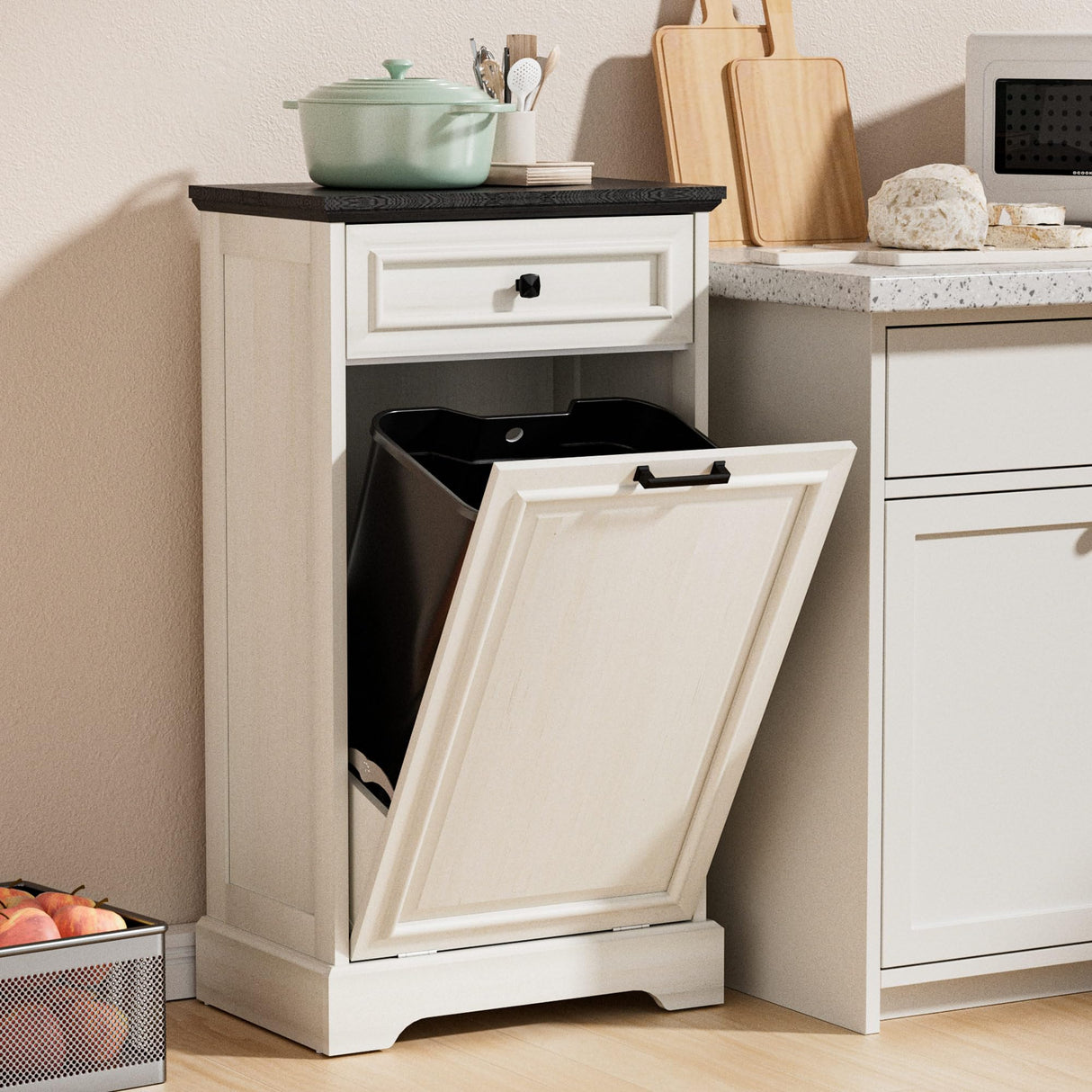 AHB 13 Gallon Tilt Out Trash Cabinet Kitchen Waste Bins, Laundry Hamper Tilt Out Pet Proof Hidden Trash Bin for Kitchen Living Room, Antique White and Black AHB