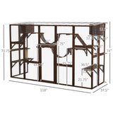 PawHut Catio Playground Cat Window Box Outside Enclosure, Outdoor Cat House with Weather Protection Roof for Multiple Kitties, Wooden Frame, Shelves & Bridges, 118" x 37.5" x 74", Coffee Brown PawHut