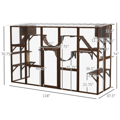 PawHut Catio Playground Cat Window Box Outside Enclosure, Outdoor Cat House with Weather Protection Roof for Multiple Kitties, Wooden Frame, Shelves & Bridges, 118" x 37.5" x 74", Coffee Brow - WoodArtSupply