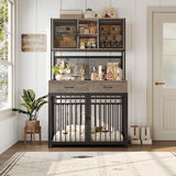 HITHOS 71" Tall Dog Crate Furniture, Indoor Dog Kennel with Hutch, 42" W Dog Cage for Large/Medium Dogs, Wood Dog Crates with 2 Storage Drawers, Heavy Duty Pet House, Ash Grey HITHOS
