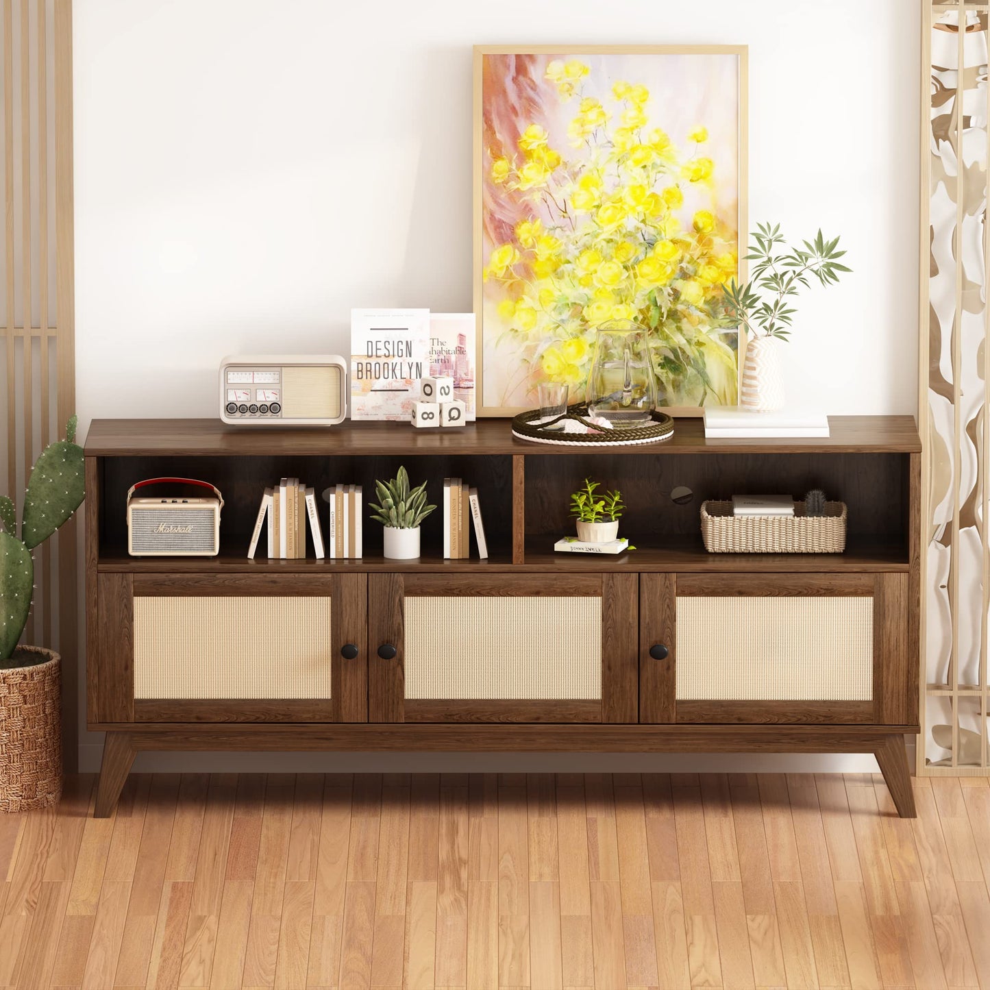 AWQM TV Stand for Living Room, Mid Century Modern TV Console, Rattan Entertainment Center with Storage and Open Shelves, Walnut - WoodArtSupply