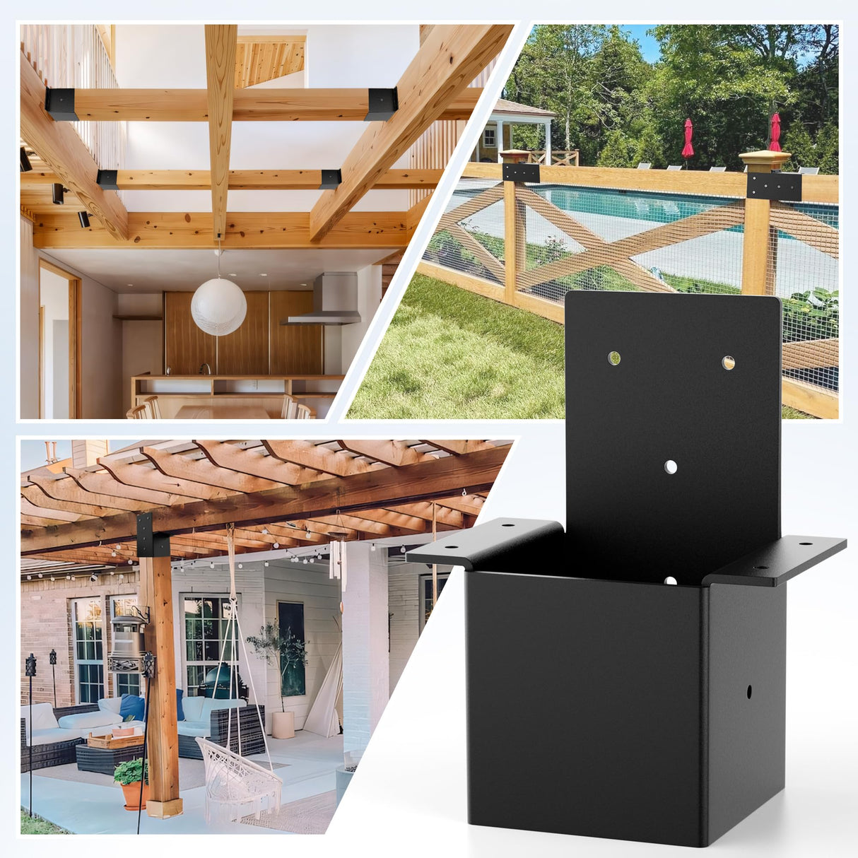 2 Pcs 4x4 Pergola Brackets for Wood Post, Heavy Duty 14 Gauge Post Top Rafter Brackets, Pergola Wall Mount Bracket Kit with Screws Black Deck Railing Brackets for Patio Pergola Log Cabin Youyikoo