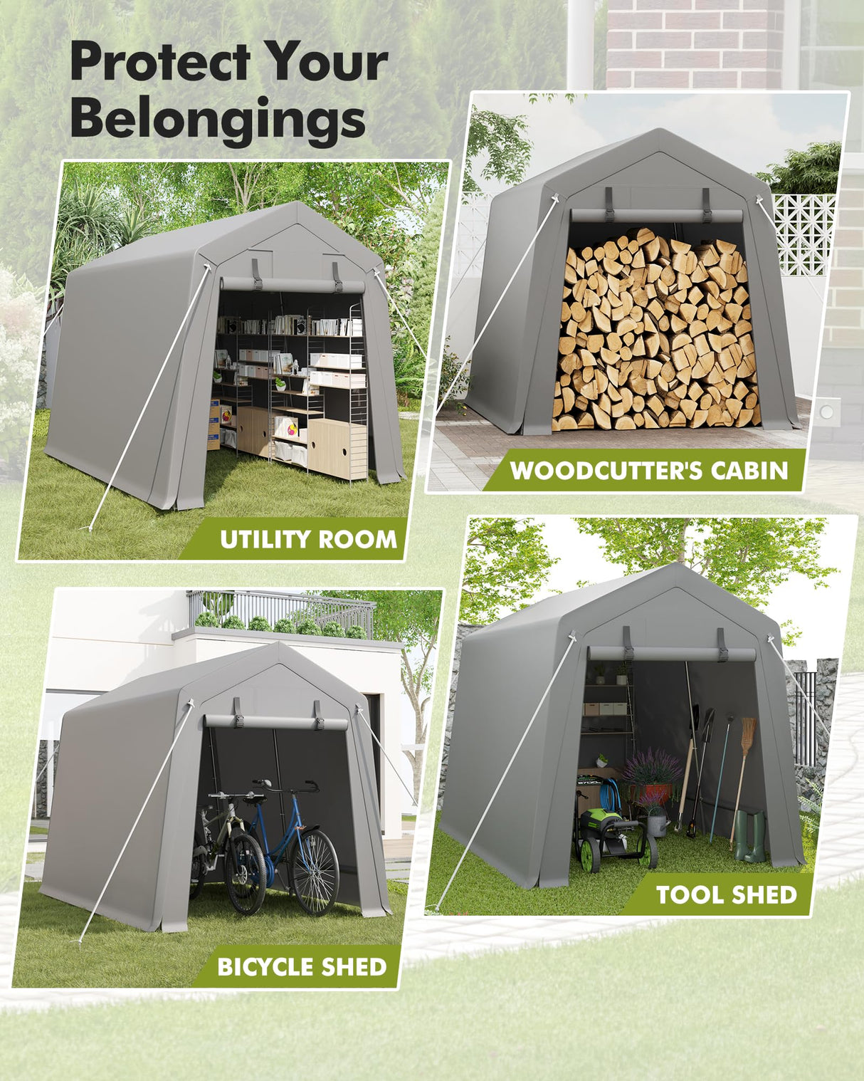 6 x 8 ft Portable, Carport Storage Shed with Heavy Duty Waterproof Tarp & 2 Roll-Up Zipper Doors, Ideal Tent for Motorcycles, Bikes, Garden Tools, and Firewood Hipicute