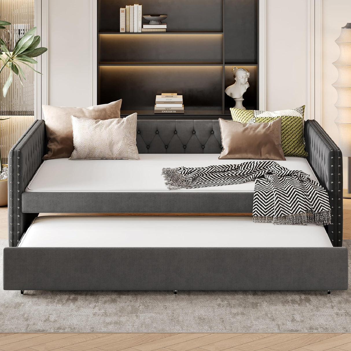 KEIKI Full Size Upholstered Daybed, Tufted Sofa Bed Frame with Trundle, Corner Day Beds Full for Living Room, Bedroom and Guest Room, No Box Spring Needed, Button & Copper Nail on Square Arms, Gray KEIKI