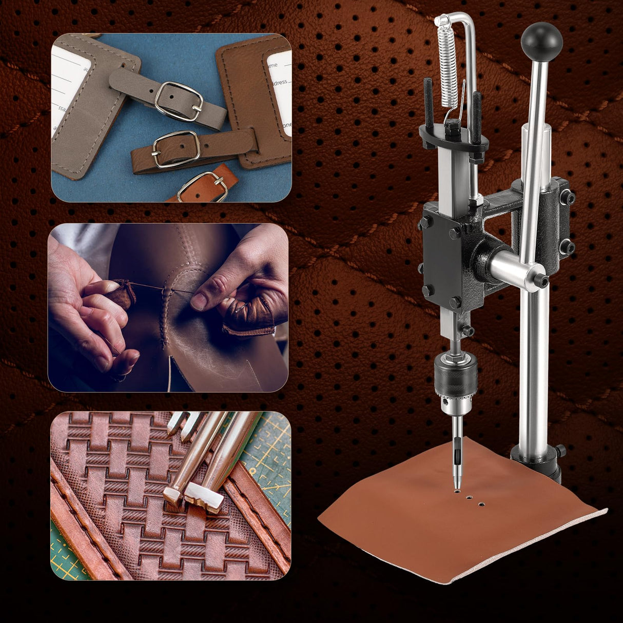 Bonvoisin Leather Hole Puncher, Leather Press Machine, Manual Press Puncher for Craft with Punch Tools Chuck, Plastic Plate and Punches Bonvoisin