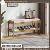 STDDRE Shoe Bench Entryway Bamboo 2-Tier Shoe Rack with Cushion Padded Seat Shoe Bench Organizer Stable for Entry, Hallway, Living Room, Bedroom, Closet (31.5 * 11.4 * 16.5IN, Brown-Beige) STDDRE