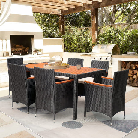 Flamaker 7 Piece Patio Dining Set Outdoor Acacia Wood Table and Chairs with Soft Cushions Wicker Patio Furniture for Deck, Backyard, Garden Flamaker