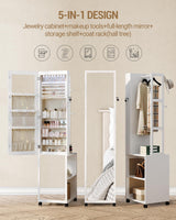 Hzuaneri 8 LEDs Jewelry Cabinet Armoire, 64.8-inch Jewelry Organizer with Garment Rack, Lockable Full-length Mirror with 4 Wheels, Storage Shelves with Hooks, 5-in-1, White and Beige JC17003BE Hzuaneri