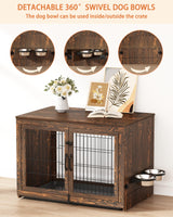 Piskyet Wooden Dog Crate Furniture with 360°Rotatable Removable Dog Bowls, Dog Crate End Table with Tray, Double Doors Dog Kennels for Dogs(M:31.8" L*22.1" W*24.1" H, Rustic Style) Piskyet