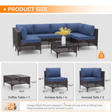 Trumbeak 7 Pieces Patio Furniture Set Wicker Outdoor Sectional Sofa,All Weather Brown PE Rattan Outdoor Conversation Set w/Thick Cushions and Glass Coffee Table,NavyBlue Trumbeak