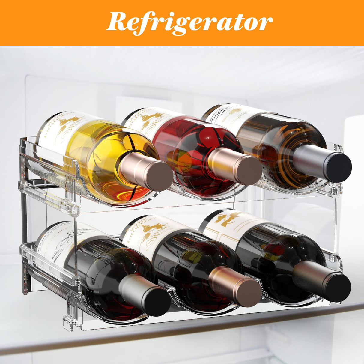 Plastic Stackable Wine Rack for Refrigerator, 2 Tier Large Capacity Water Bottle Organizer for Cabinet, Free-Standing Water Bottle Storage Rack for Fridge, Countertop, Pantry, Freezer, Hold 6 Bottles Noyhnuoch