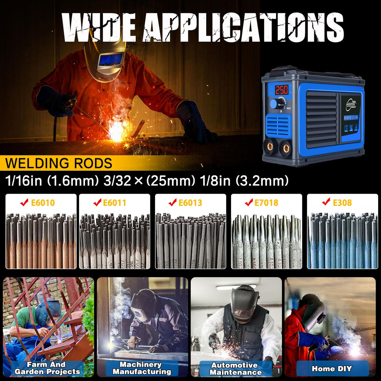 HGNVGZ Stick Welder,Portable Welder Machine 110V IGBT Digital Display LCD Upgraded MMA-250A Welding Machine,Hot Start Arc Force Anti-stick Mini Welde (Blue) HGNVGZ