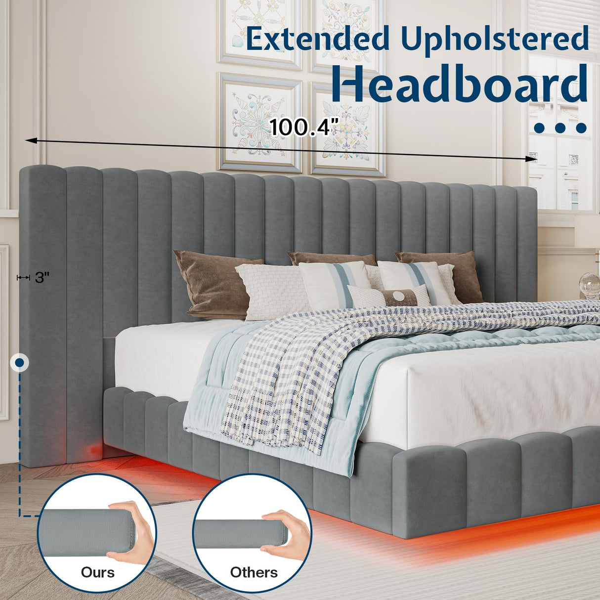 Jocisland King Bed Frame with LED Lights and Upholstered Oversized Headboard, Modern Velvet Platform with Floating Design, No Box Spring Needed, Grey Jocisland