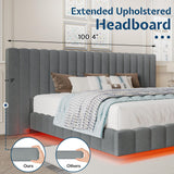 Jocisland King Bed Frame with LED Lights and Upholstered Oversized Headboard, Modern Velvet Platform with Floating Design, No Box Spring Needed, Grey Jocisland
