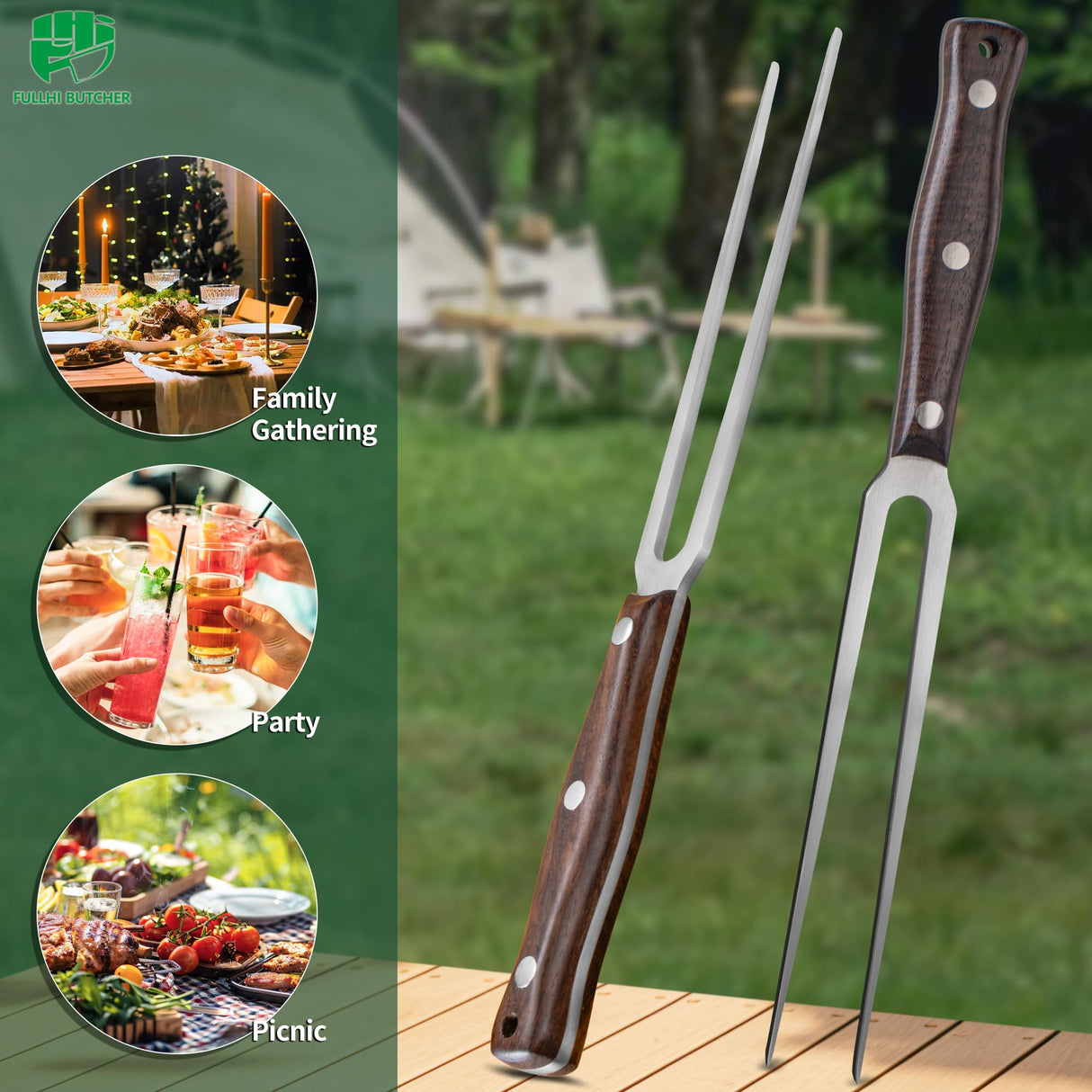 FULLHI butcher's fork with wood Handle Stainless Steel Meat Fork/Kitchen Tool, 12.4 Inch, Carving Fork FULLHI
