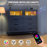 GarveeHome 6 Drawer Dresser for Bedroom with LED Lights and Charging Station, Wooden Double Dresser with 2 Shelves & Mental Grid Handle, Modern Chest of Drawers for Bedroom, Entryway, Hallway, Grey GarveeHome