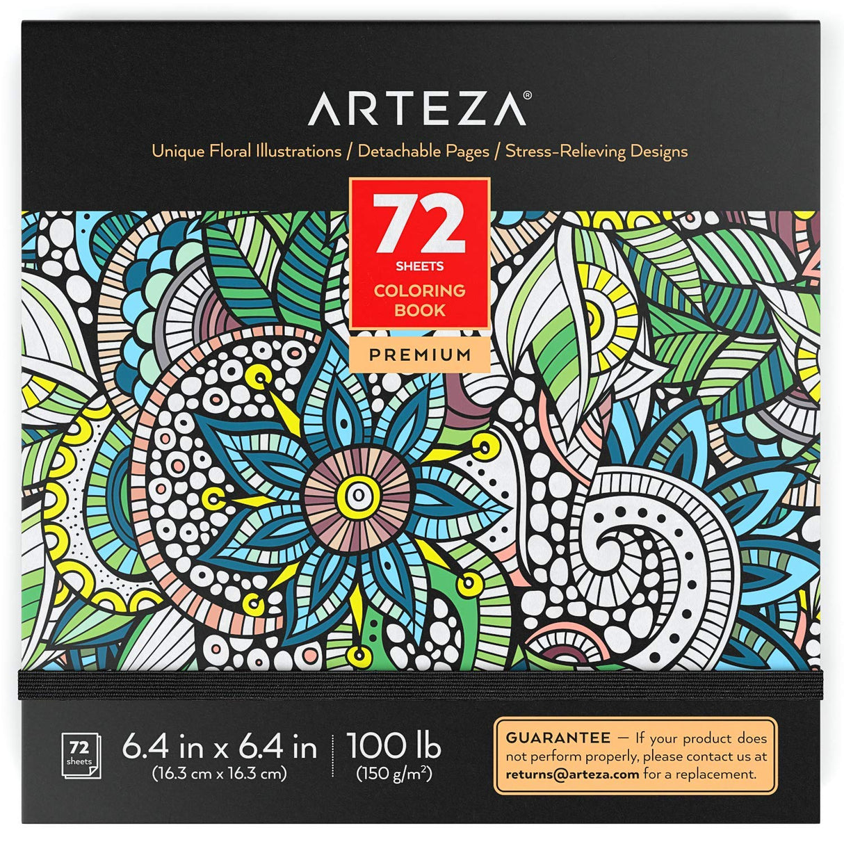 ARTEZA Adult Coloring Book, Floral Designs, 72 Sheets, 6.4x6.4 Inches Coloring Pages, 100 lb Paper, Gray Outlines ARTEZA