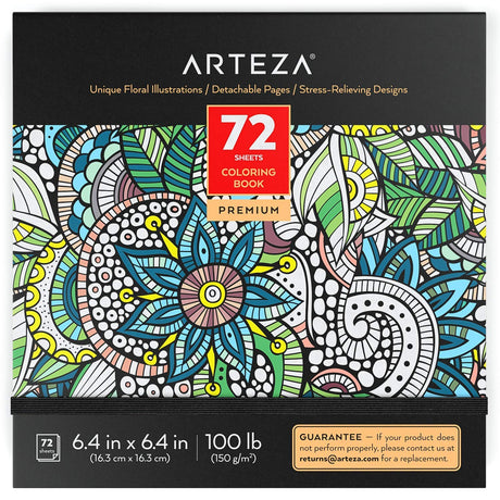 ARTEZA Adult Coloring Book, Floral Designs, 72 Sheets, 6.4x6.4 Inches Coloring Pages, 100 lb Paper, Gray Outlines ARTEZA
