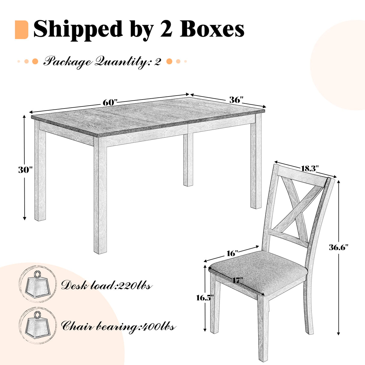 LUXOAK 7-Piece Farmhouse Solid Wood Dining Table Set with 6 Chairs, 60" Rectangular Dining Table & Chair Set for 6 People, Dining Table with Wood Legs, Table Set for Dining room, Kitchen, Rustic Cream LUXOAK