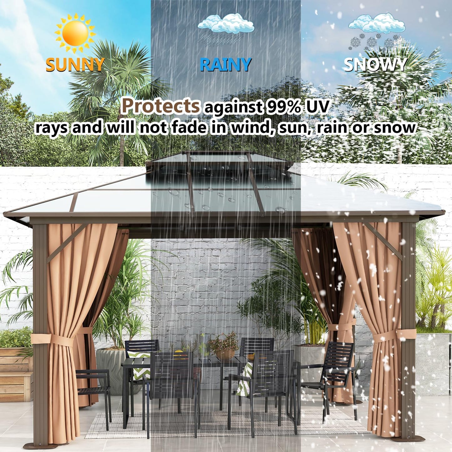 oneinmil 10x12FT Outdoor Polycarbonate Gazebo, Heavy Duty Double Roof Hardtop Gazebo with Aluminum Frame and Netting and Curtains for Patios - WoodArtSupply