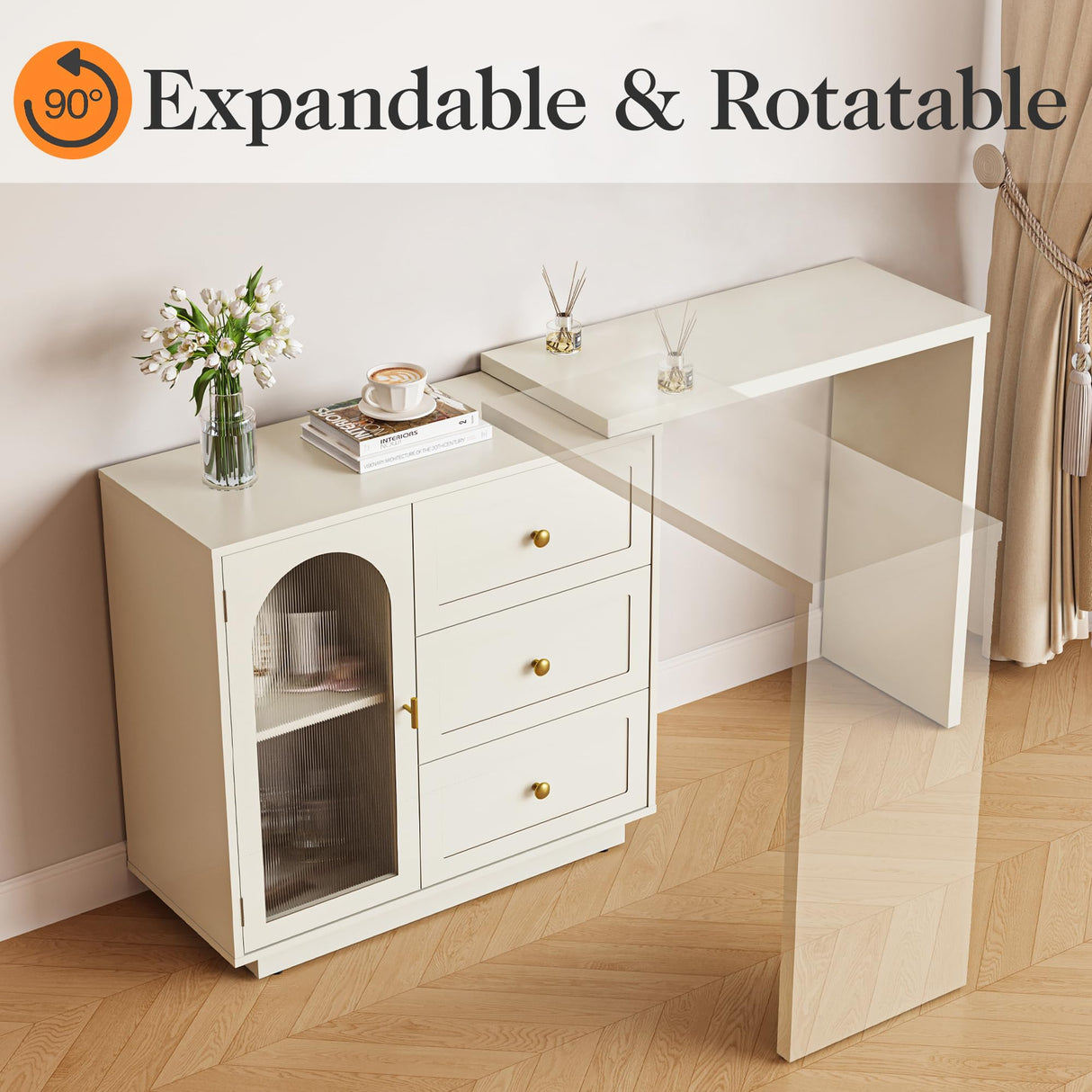 RoyalCraft Makeup Vanity Desk, Extendable Corner Vanity Makeup Table with 3 Drawers & 1 Door, Modern Dressing Table for Bedroom, Cream White Makeup Vanity Without Mirror RoyalCraft