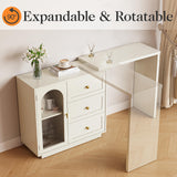 RoyalCraft Makeup Vanity Desk, Extendable Corner Vanity Makeup Table with 3 Drawers & 1 Door, Modern Dressing Table for Bedroom, Cream White Makeup Vanity Without Mirror RoyalCraft