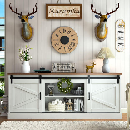 Kurapika Farmhouse TV Stand and Entertainment Center for TV Up to 75 Inch, with Adjustable Shelf and Sliding Barn Doors, Media Furniture with Storage Cabinet and Console Table, 67 Inch, White