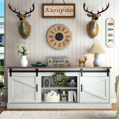 Kurapika Farmhouse TV Stand and Entertainment Center for TV Up to 75 Inch, with Adjustable Shelf and Sliding Barn Doors, Media Furniture with Storage Cabinet and Console Table, 67 Inch, White Kurapika