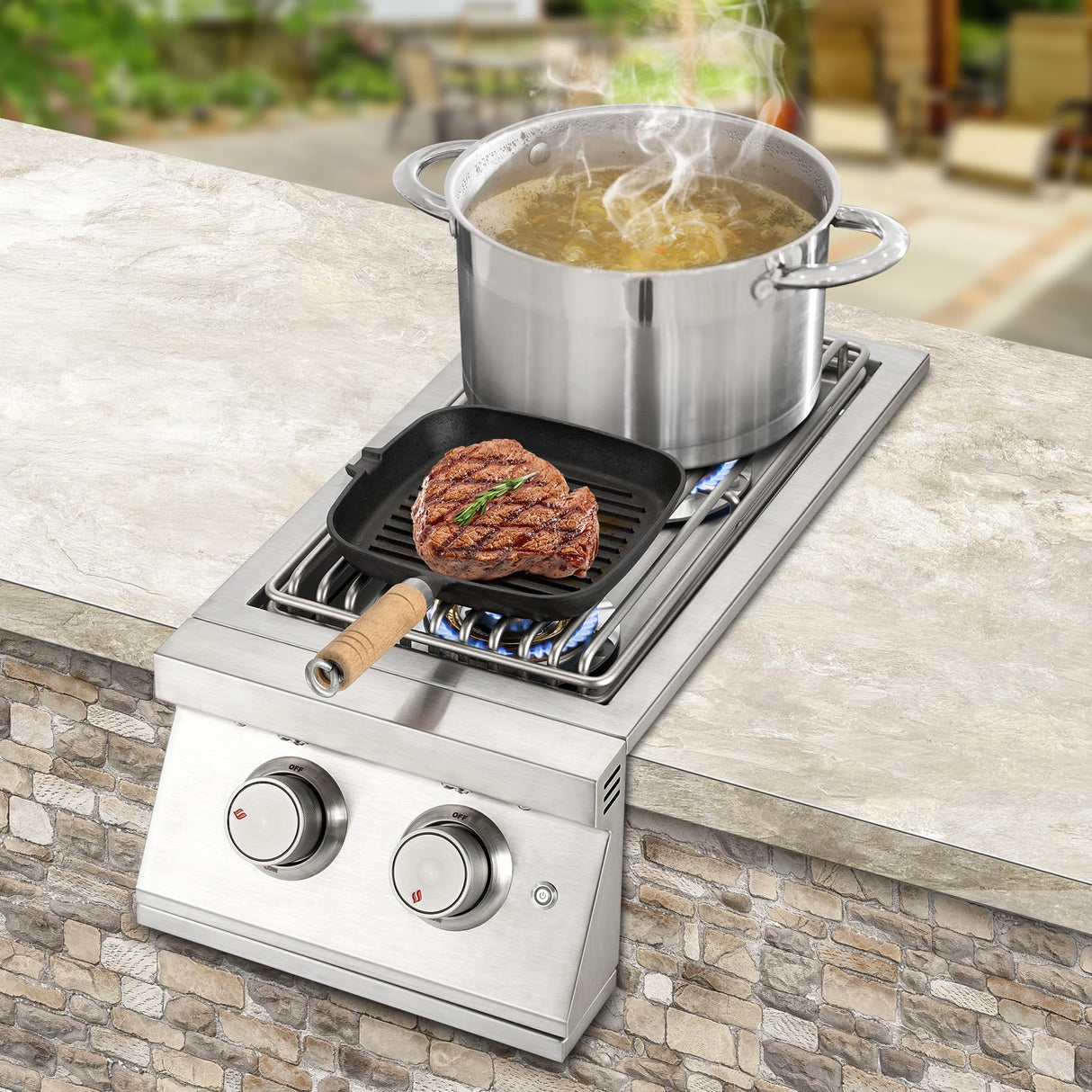 Hygrill 24,000BTU Liquid Propane Double Side Burner, Built In Double Grilling Side Burners for Outdoor Kitchen, Outdoor BBQ Grill Island Stanbroil