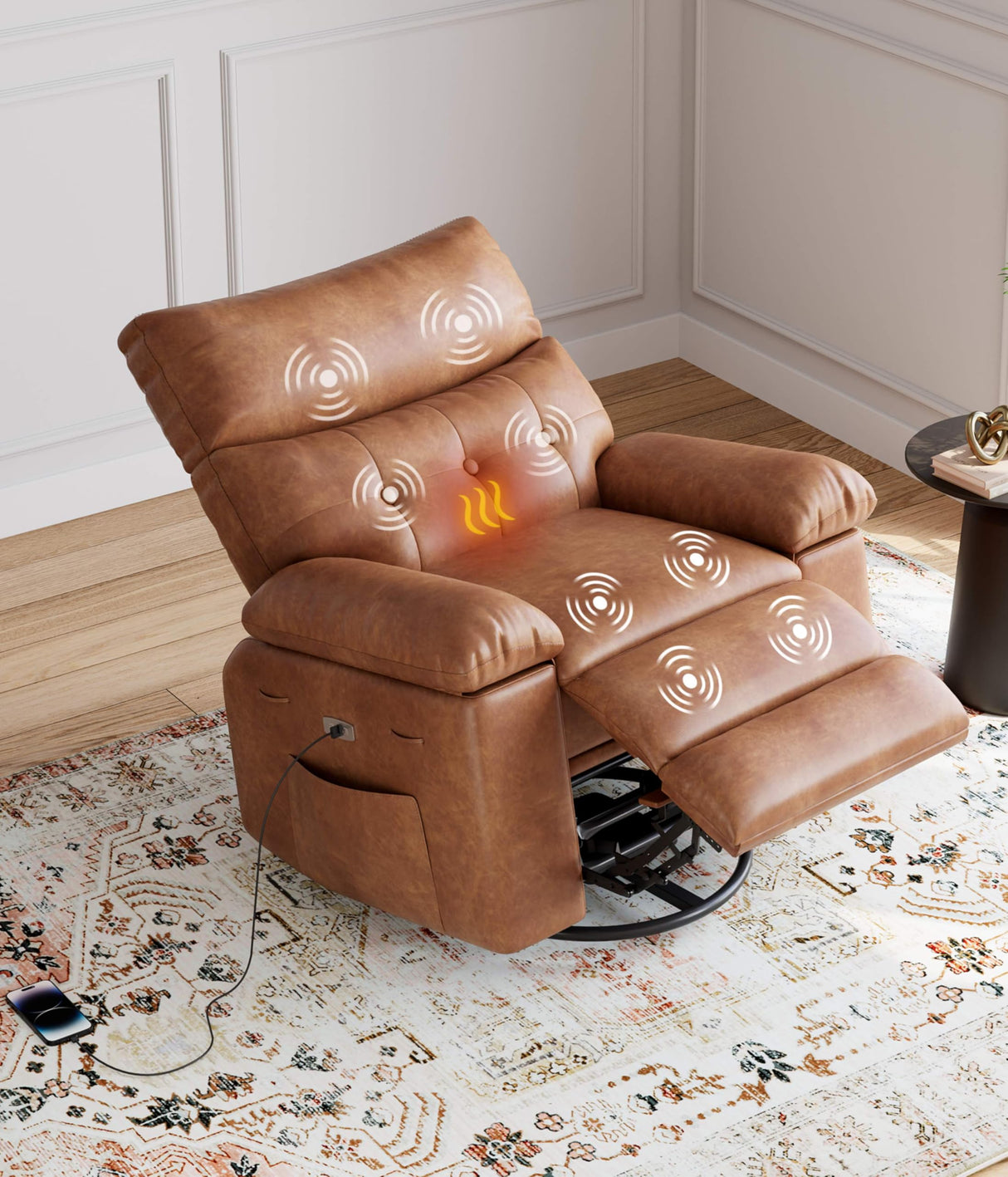 GarveeHome Oversized Power Rocker Swivel Recliner Chair - Heat and Massage, Extra Wide Electric Recliner Ergonomic PU Leather Single Sofa, Tall Back, Padded Seat, Lazy Chair for Living Room GarveeHome