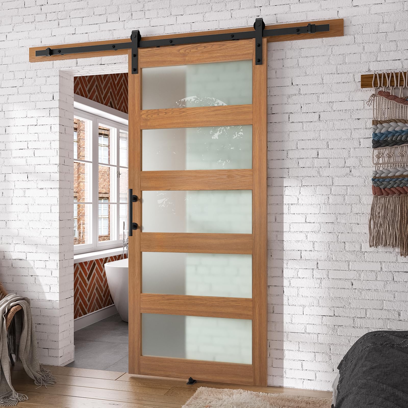 SmartStandard 36 x 84 in Glass Barn Door with 6.6FT Sliding Hardware Kit & Handle, Pre-Drilled Ready to Assemble, Waterproof PVC Coating, Classic Oak, 5-Panel Glass - WoodArtSupply