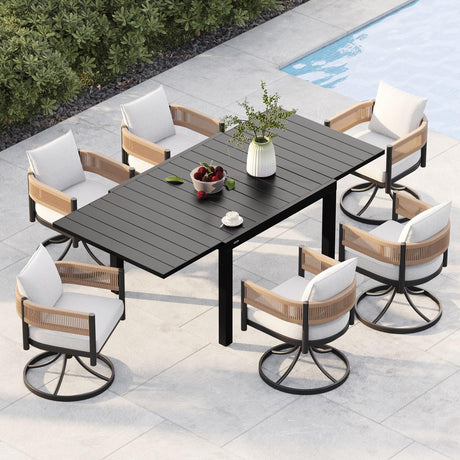 Grand patio 7-Piece Outdoor Dining Set for 6 with 1 Rectangle Expandable Table for 4-6 Person, Metal Woven Wicker Swivel Patio Chairs with Thickened Cushions for Yard, Poolside, Deck (Natural) Grand patio