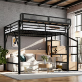 Queen Loft Beds with Storage Beside Shelves and Wardrobe, Metal Loft Bed Queen with LED Lights and USB Ports, Heavy-Duty Loft Bed Frame for Teens, Adults, Noise-Free & Space-Saving, Black Bellemave