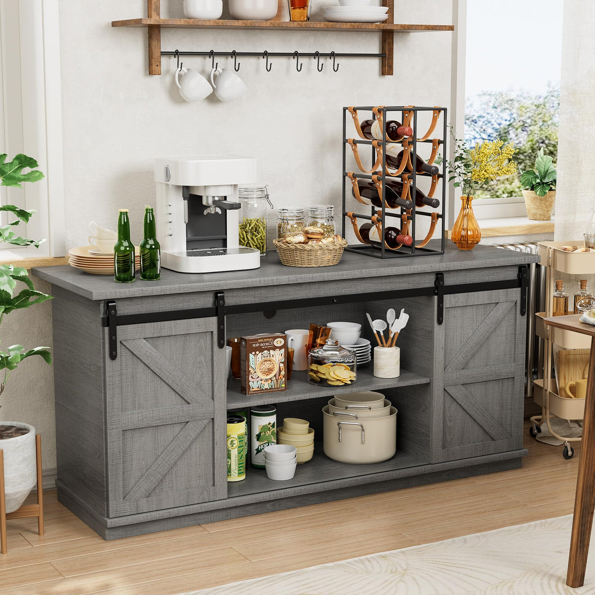 Shahoo Farmhouse Sideboard Buffet Cabinet, Coffee Bar Storage with Sliding Barn Doors, Shelf for Home Dining Room, 27.5 Height, Grey Shahoo
