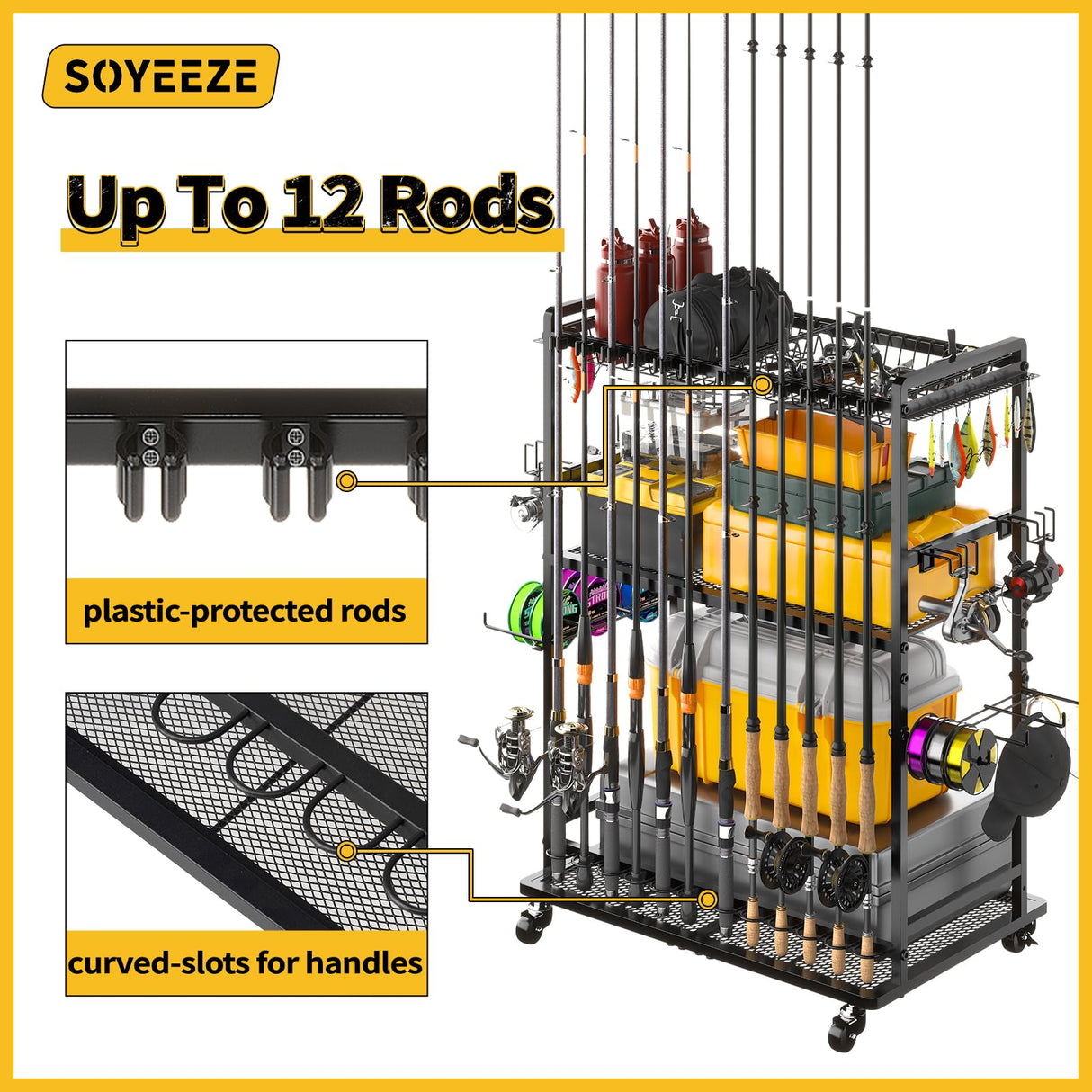 SOYEEZE Large Size Fishing Rod Holders for Garage, Heavy Duty 3-Tier Fishing Pole Rack Holds Up to 12 Rods, Fishing Gear Organizer with 2 Metal Baskets, Fishing Storage Cart with Lockable Wheels SOYEEZE