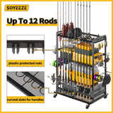 SOYEEZE Large Size Fishing Rod Holders for Garage, Heavy Duty 3-Tier Fishing Pole Rack Holds Up to 12 Rods, Fishing Gear Organizer with 2 Metal Baskets, Fishing Storage Cart with Lockable Wheels SOYEEZE