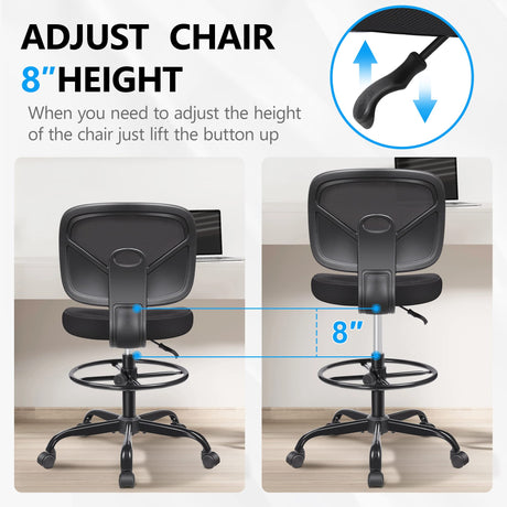 Primy Office Drafting Chair Armless, Tall Office Desk Chair Adjustable Height and Footring, Mid-Back Ergonomic Standing Desk Chair Mesh Rolling Tall Chair for Art Room, Office or Home(Black) Primy