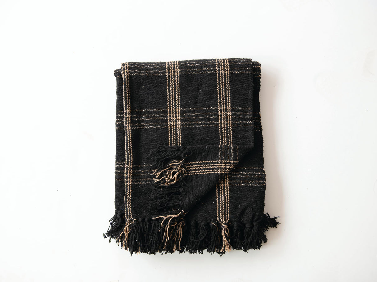 Plaid Black & Tan Fringed Woven Cotton Blend Throw Creative Co-Op