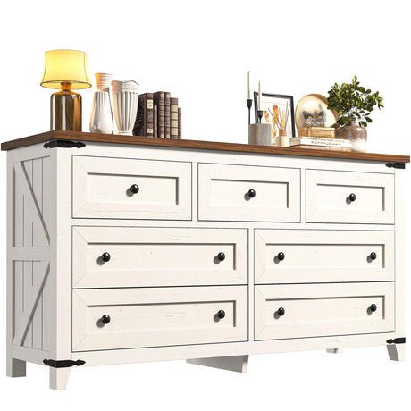EnHomee Dresser for Bedroom Wood Dresser with 7 Drawers White Dresser with Smooth Metal Rail Long Dressers & Chests of Drawers Farmhouse Dresser for Bedroom Dresser TV Stand, Closet, Antique White EnHomee