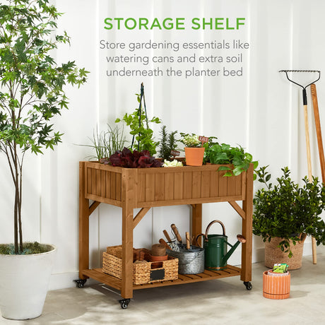 Best Choice Products Elevated 8 Pocket Herb Garden Bed, Mobile Raised Customizable Wood Planter for Herbs, Vegetables, Flowers w/Lockable Wheels, Storage Shelf, Drainage Holes - Acorn Brown Best Choice Products