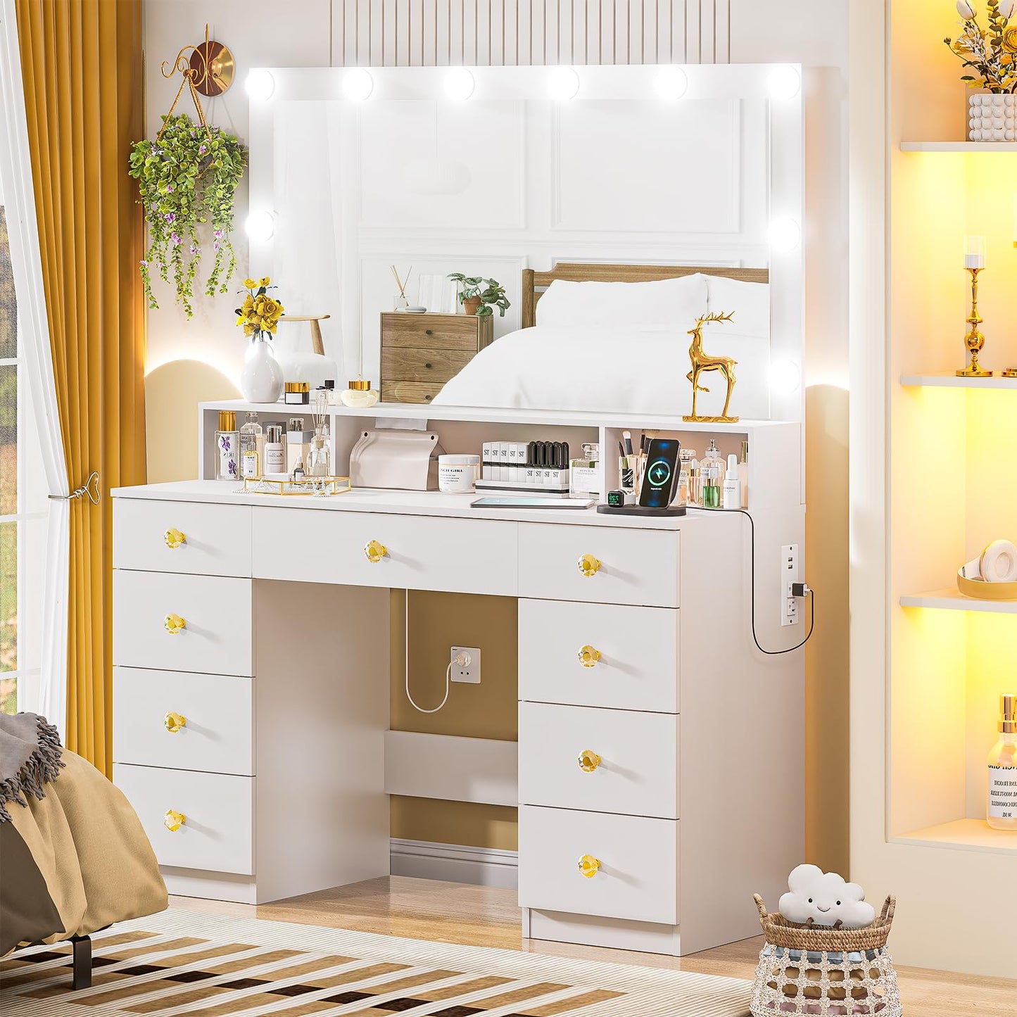 Vanity Desk with Large Lighted Mirror 10 Led Lights,43.3"Large Makeup Vanity with 9 Drawers,Power Outlet,Makeup Dressing Table with Crystal Handles,Christmas Vanity Table for Women Girls (White)