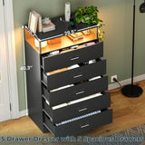 AOGLLATI Black Dresser for Bedroom with Column Design & Charging Station, Led 5 Drawers Tall Dresser for Bedroom,Black AOGLLATI