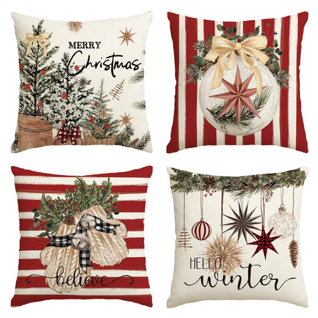 AVOIN colorlife Merry Christmas Balls Eucalyptus Holly Berries Gloves Throw Pillow Covers, 18 x 18 Inch Xmas Winter Holiday Red Stripes Cushion Case Decoration for Sofa Couch Set of 4 AVOIN colorlife