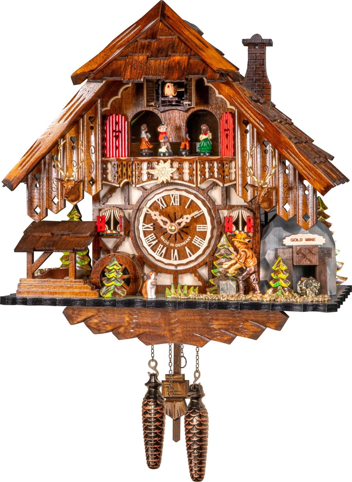 Engstler Quartz Cuckoo Clock Black Forest House with Moving Wood Chopper and Mill Wheel, with Music Engstler