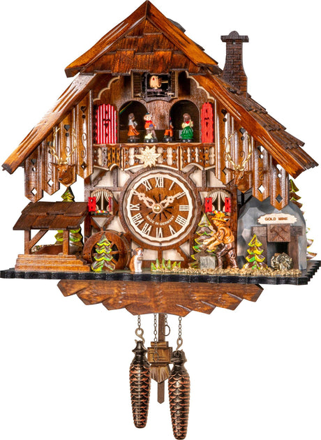 Engstler Quartz Cuckoo Clock Black Forest House with Moving Wood Chopper and Mill Wheel, with Music Engstler