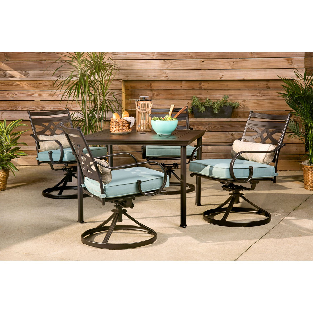 Hanover Montclair 5-Piece Outdoor Dining Set with Stamped Steel Square Dining Table and 4 Swivel Rocker Chairs with Cushions, Weather-Resistant Patio Dining Set for 4, Patio, Backyard, Deck Hanover