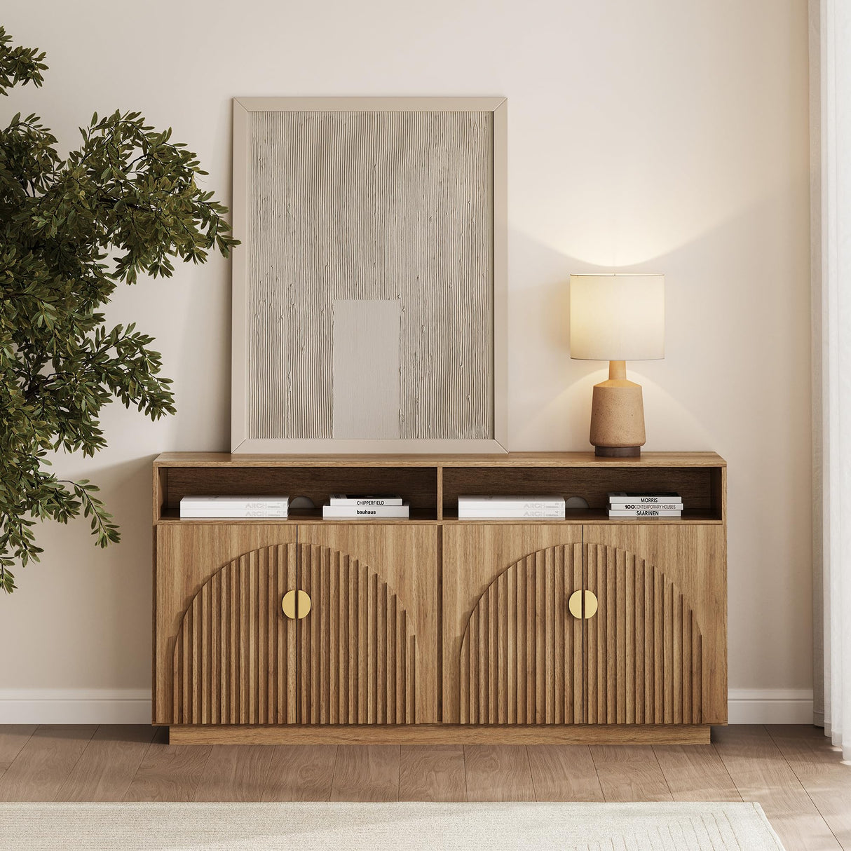 BELLEZE 65 Inch Fluted TV Stand, Mid Century Modern Entertainment Center with Storage Cabinets & Open Shelves, Media Console TV Cabinet with Adjustable Shelves for Living Room, Caramel Brown BELLEZE