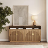 BELLEZE 65 Inch Fluted TV Stand, Mid Century Modern Entertainment Center with Storage Cabinets & Open Shelves, Media Console TV Cabinet with Adjustable Shelves for Living Room, Caramel Brown BELLEZE